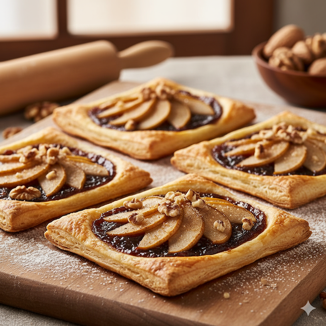 quadrati pasta sfoglia cipolle aceto balsamico noci pere