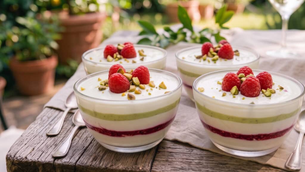 Coppette fredde allo yogurt con crema pura pistacchi e composta di lamponi Rubedo