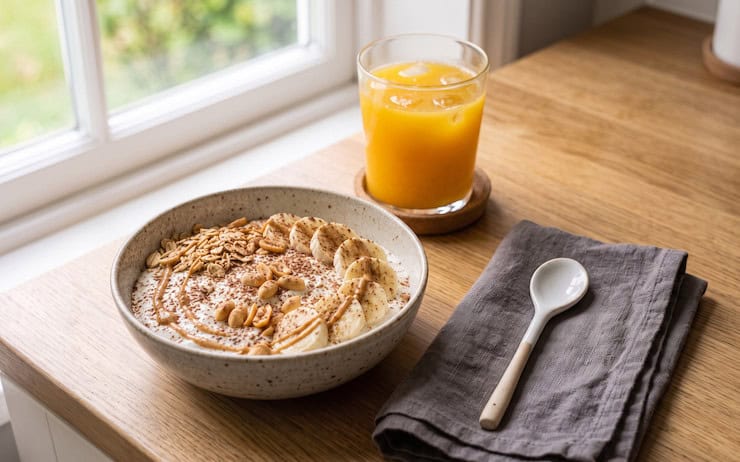 Bowl proteica con crema di arachidi, banana e cacao